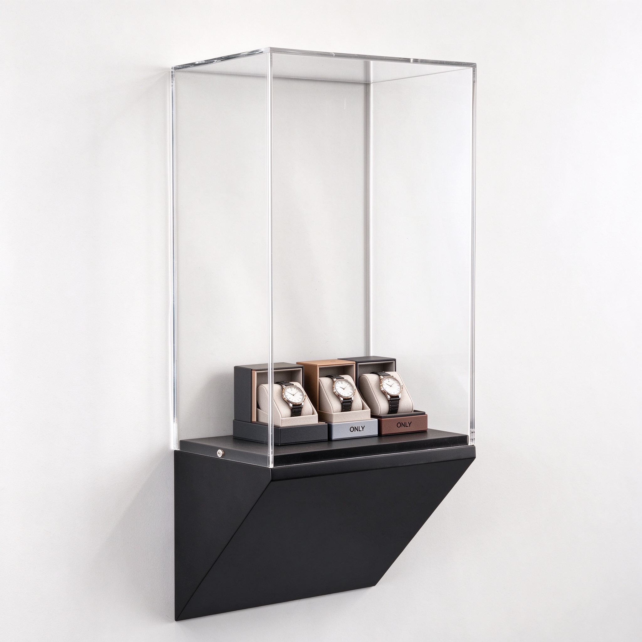 Tall clear acrylic wall mounted display column left 45 degree view with watches