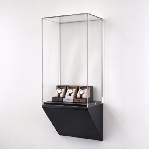 Tall clear acrylic wall mounted display column right 45 degree view