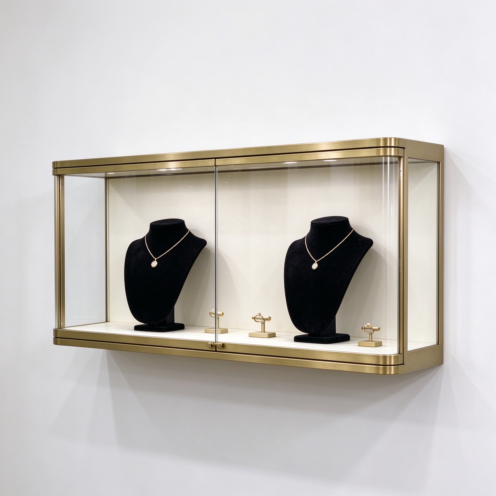 Brushed brass wall mounted jewelry display case left 45 degree view mounted on wall