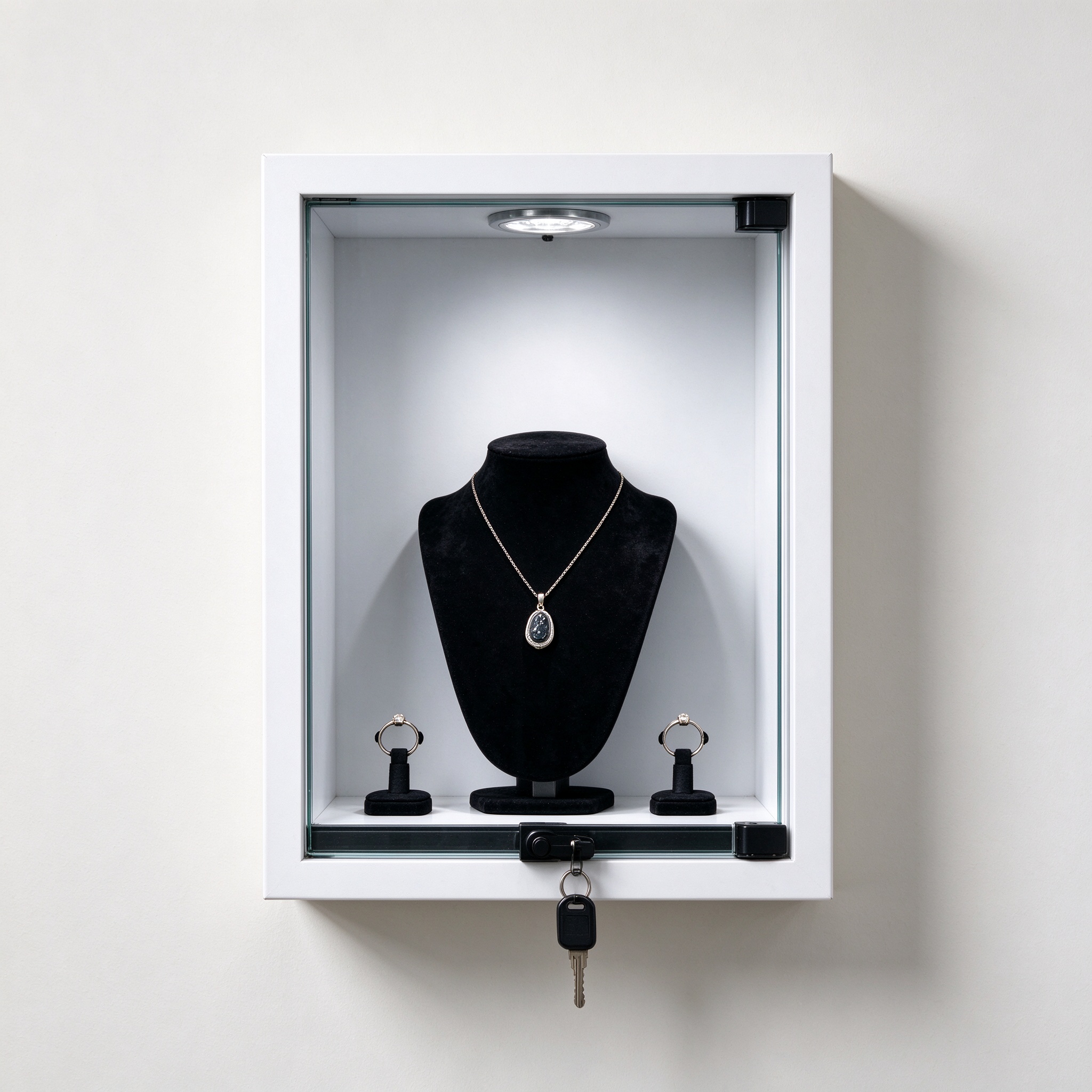 White recessed wall mounted display niche left 45 degree view with jewelry