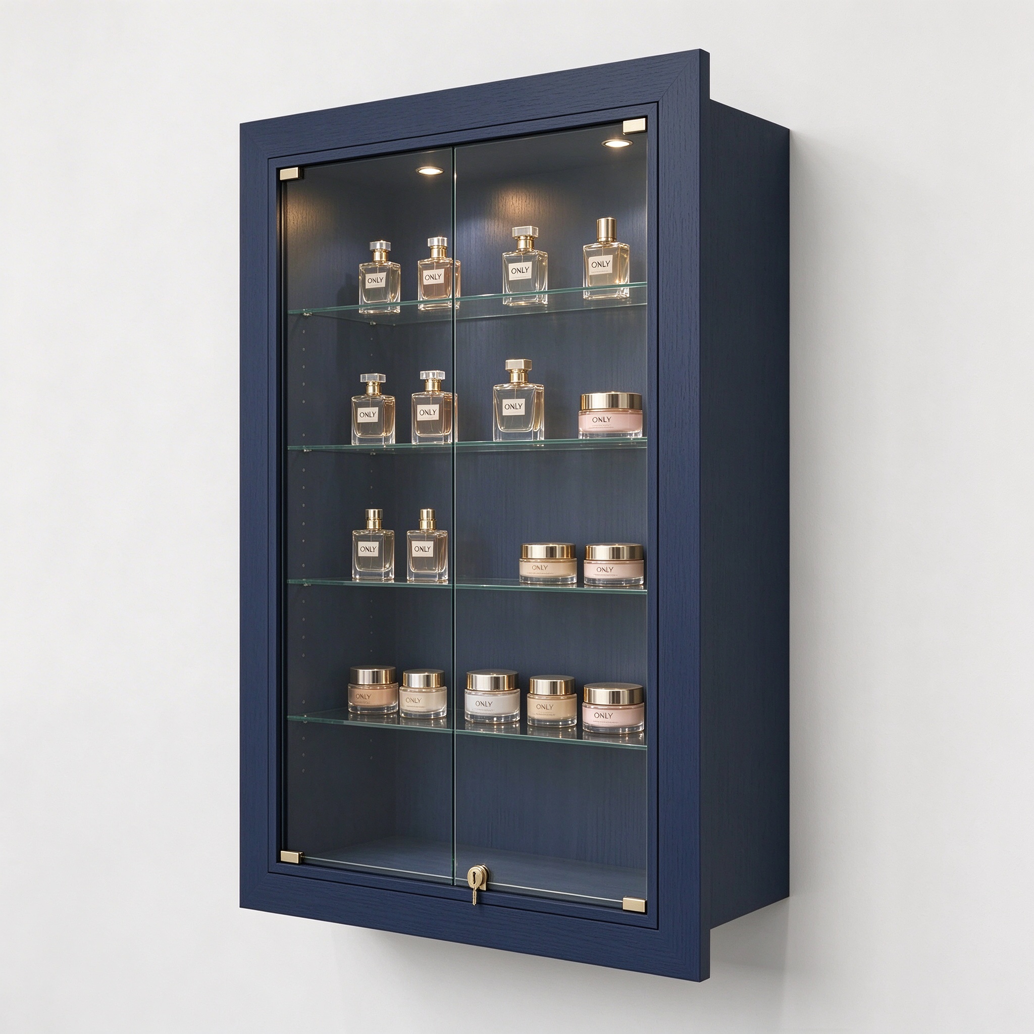 Navy blue wood wall mounted display cabinet left 45 degree view with perfume