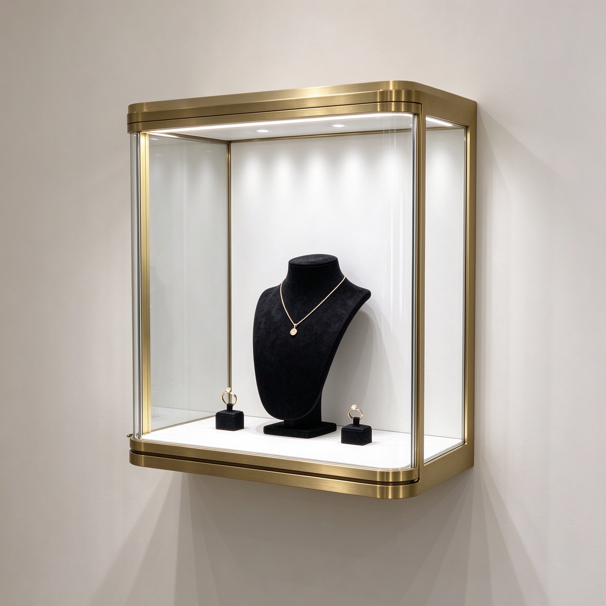Brushed brass wall mounted display case left 45 degree view with jewelry