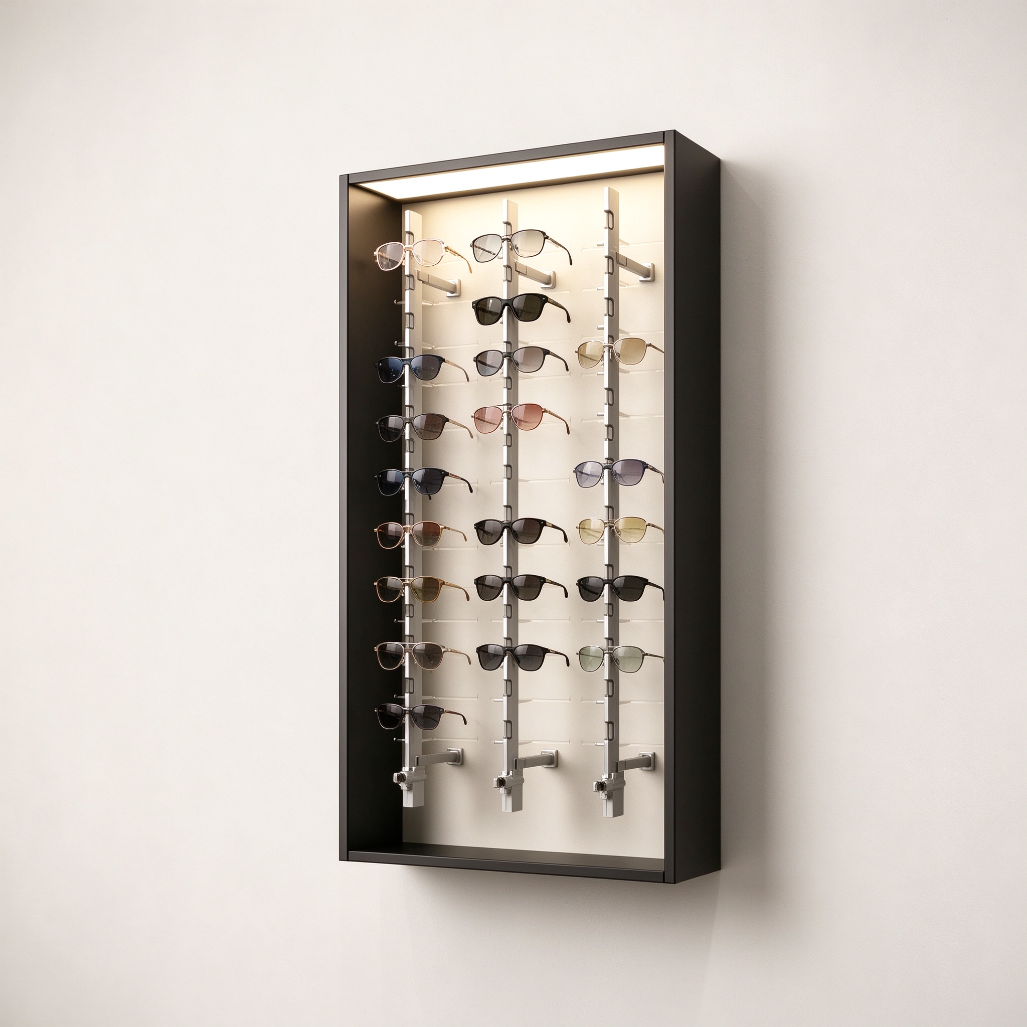 Black wall mounted eyeglass display cabinet left 45 degree view mounted on wall