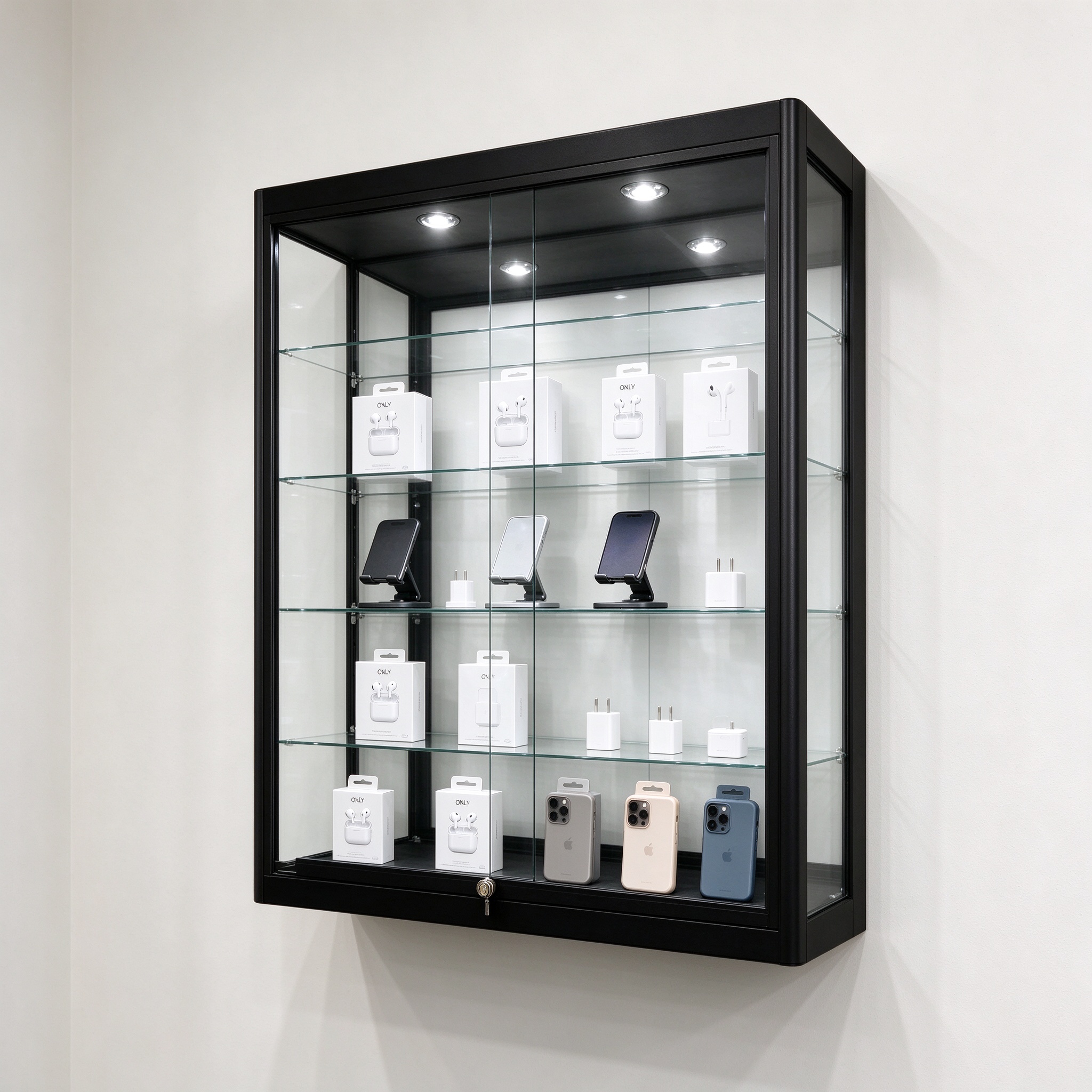 Black metal wall mounted glass display cabinet left 45 degree view with electronics