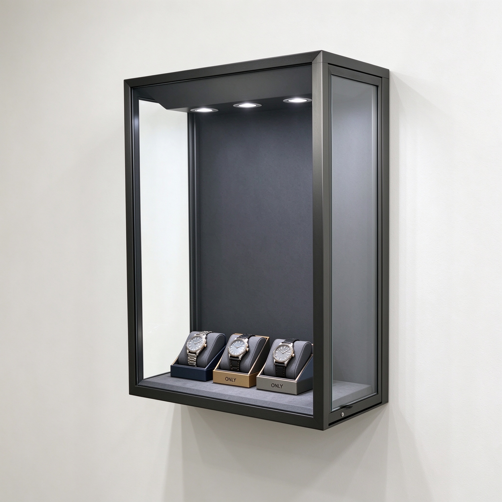 Dark gray wall mounted display case left 45 degree view with watches