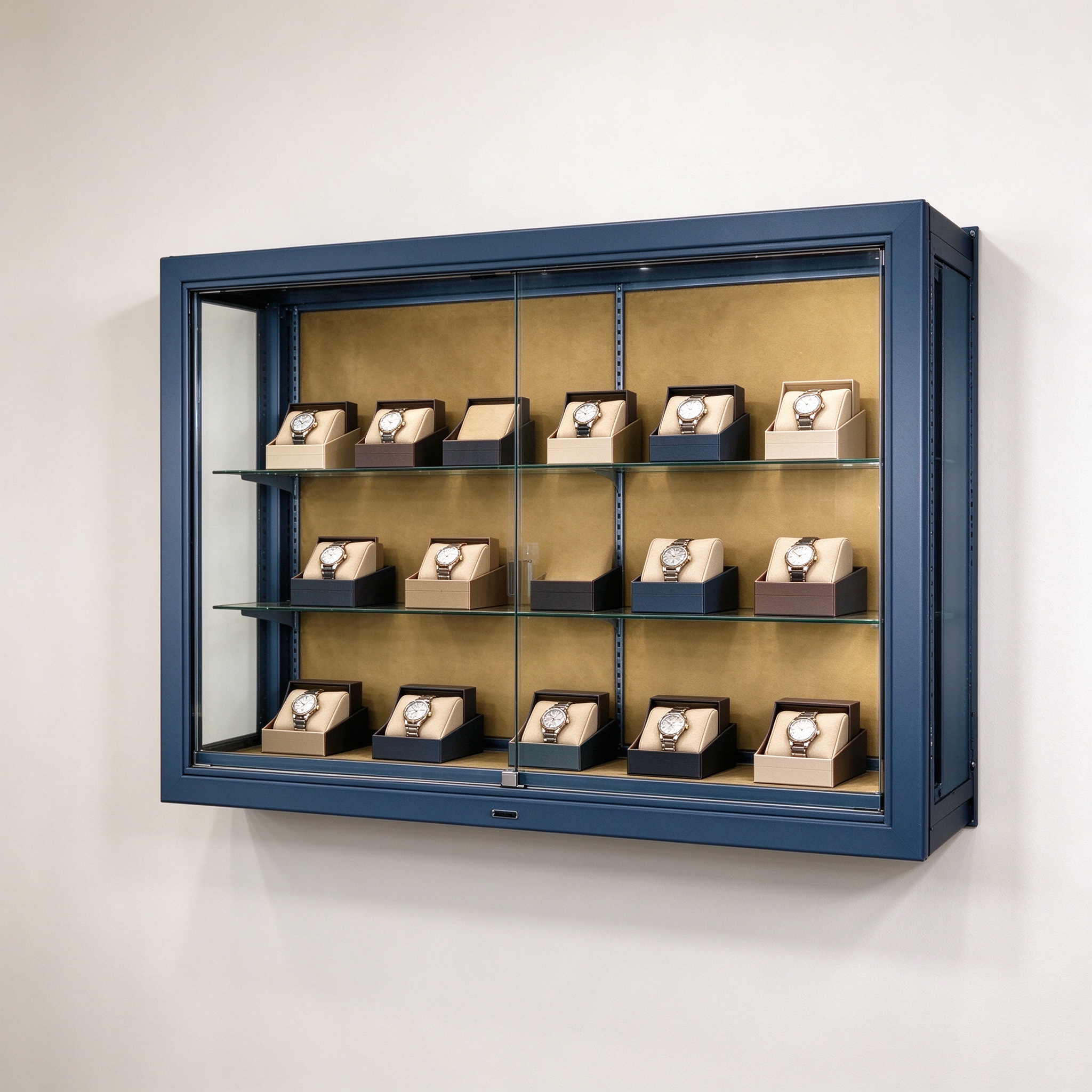 Navy blue wall mounted display cabinet left 45 degree view with watches