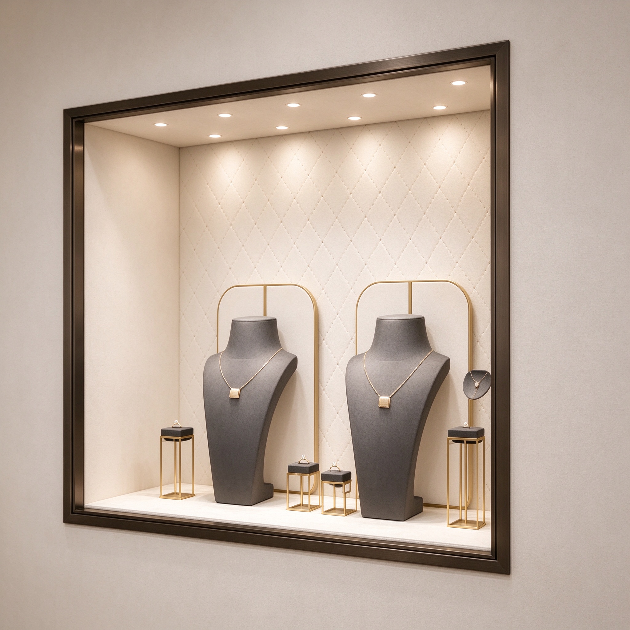 Recessed wall mounted jewelry display niche left 45 degree view