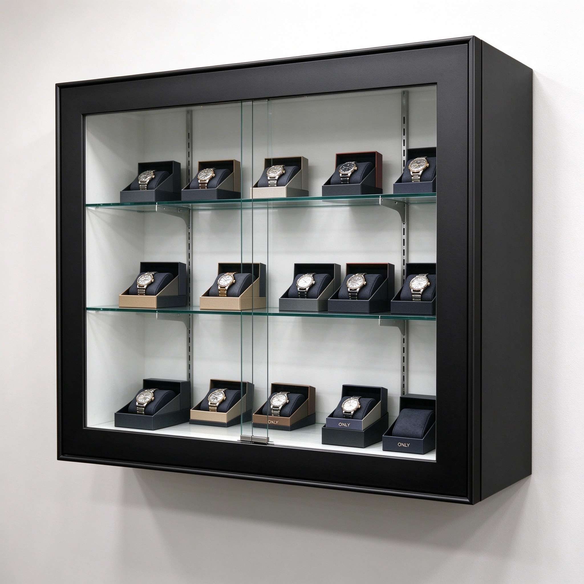 Black wall mounted display case left 45 degree view with watches