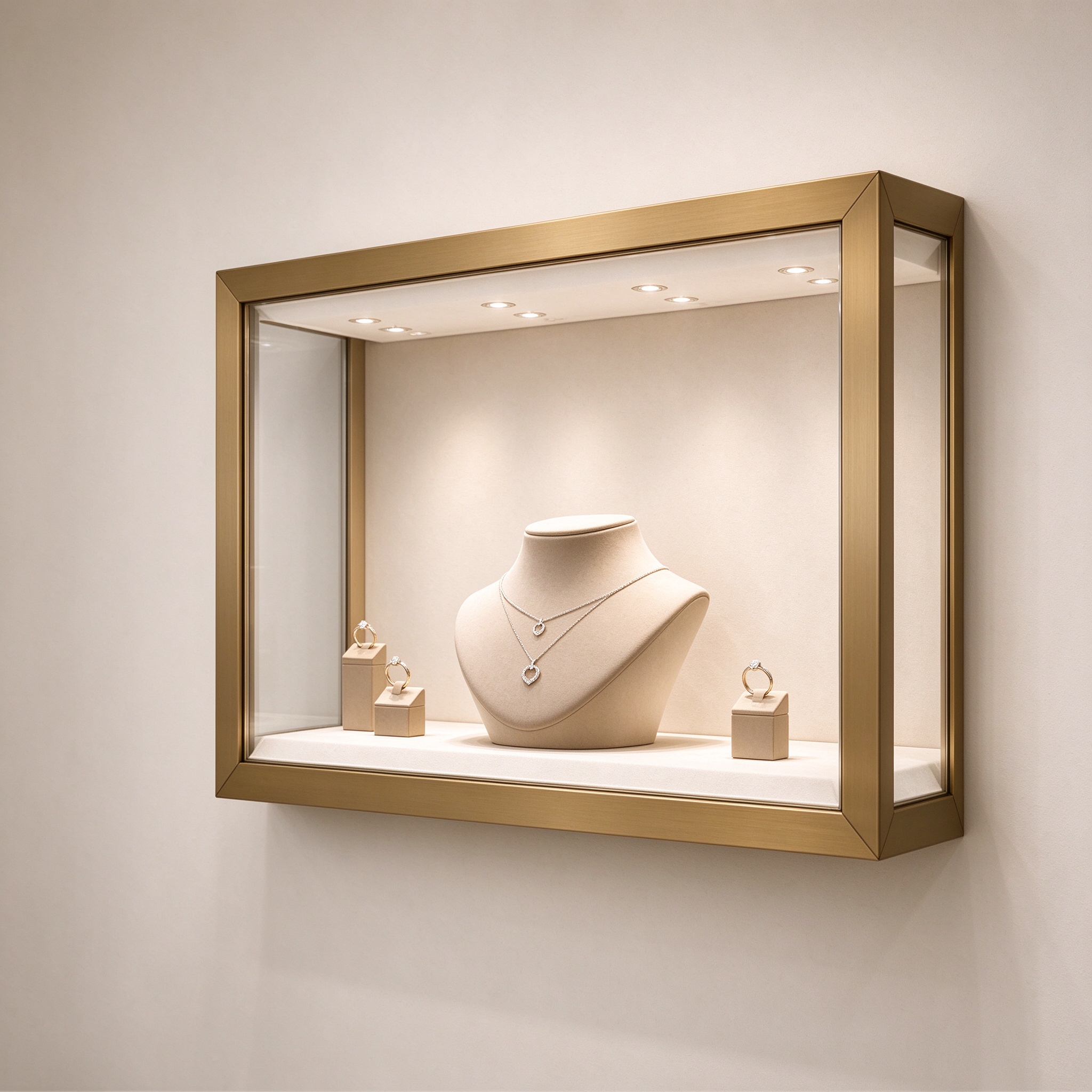 Brushed gold wall mounted jewelry display case left 45 degree view