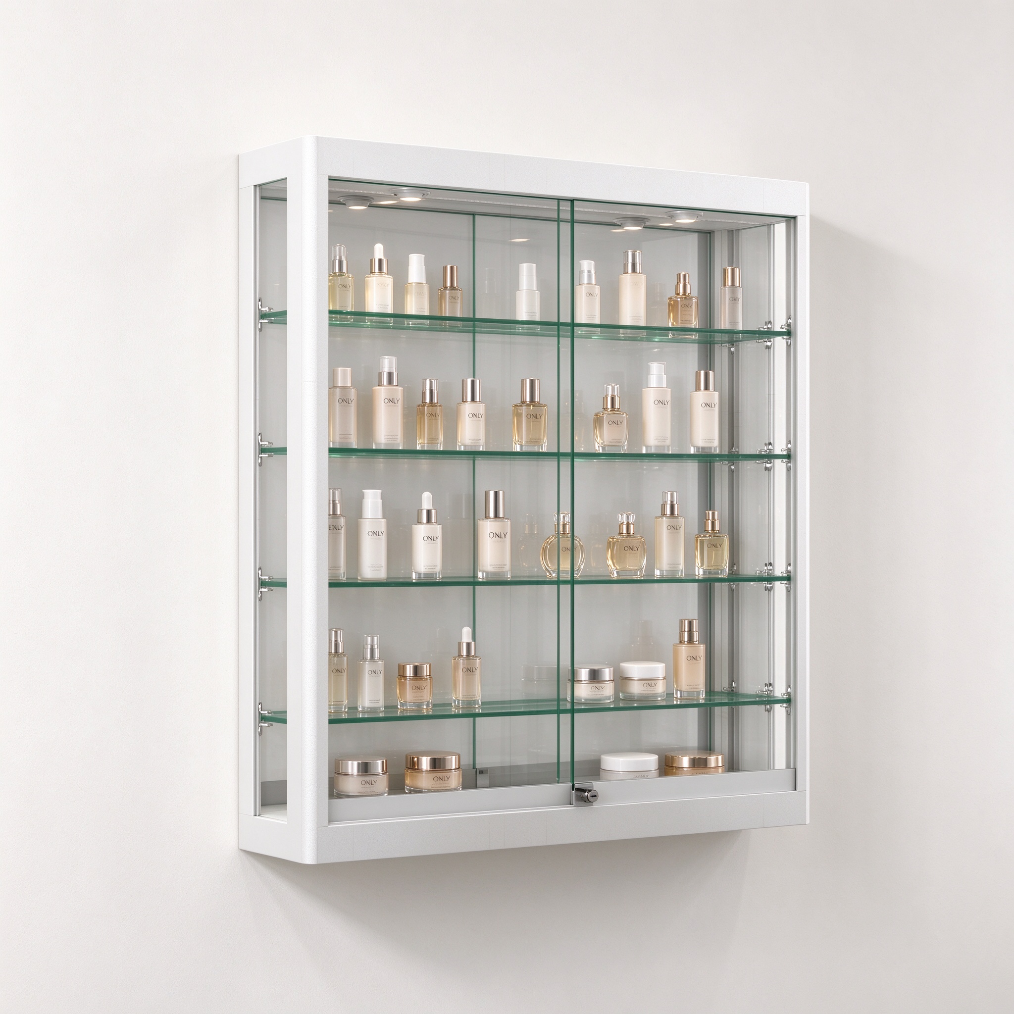 White wall mounted display cabinet left 45 degree view with cosmetics