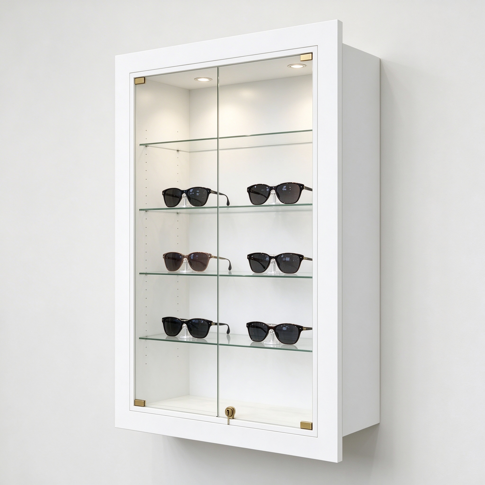 White wall mounted display cabinet left 45 degree view with sunglasses