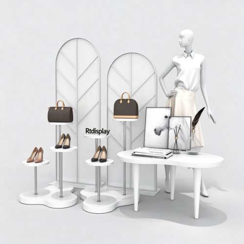 Clothing shop window display props set with white platforms and mannequin, left 45 degree view