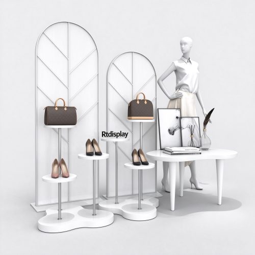 Clothing shop window display props set with white platforms and mannequin, right 45 degree view