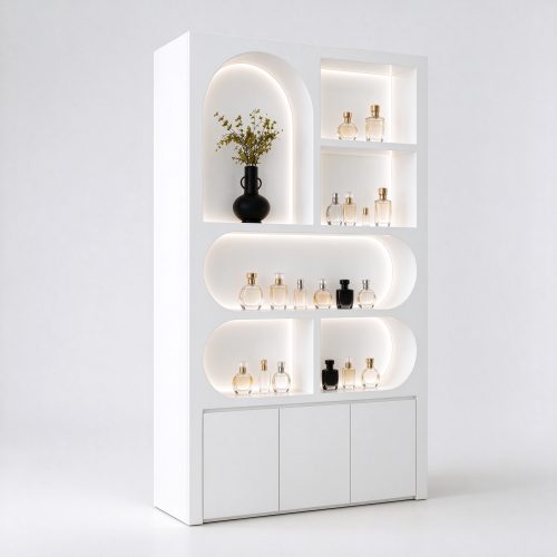 White rounded oval shelf perfume display cabinet left 45 degree angle view