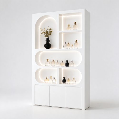 White rounded oval shelf perfume display cabinet right 45 degree angle view