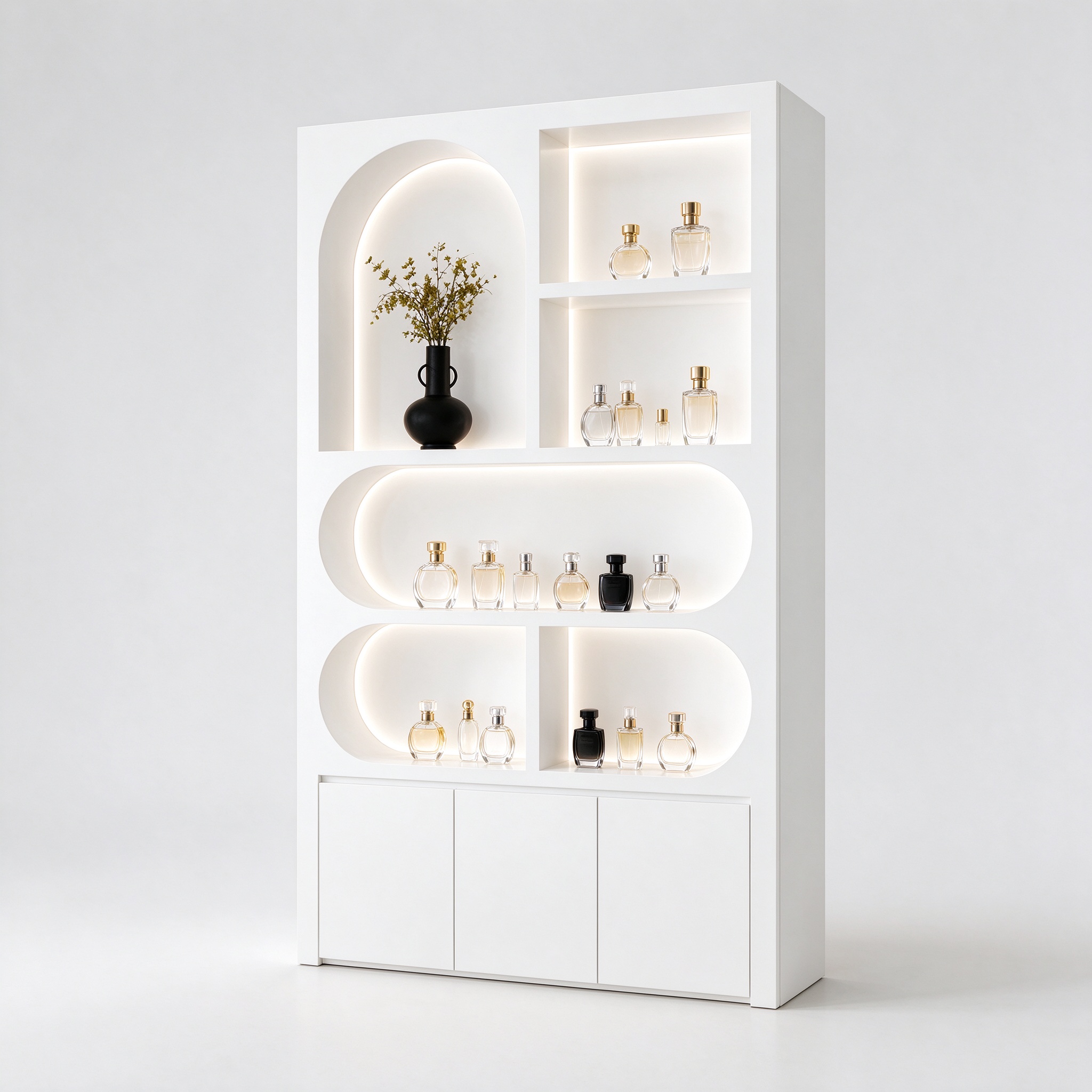 White rounded oval shelf perfume display cabinet right 45 degree angle view
