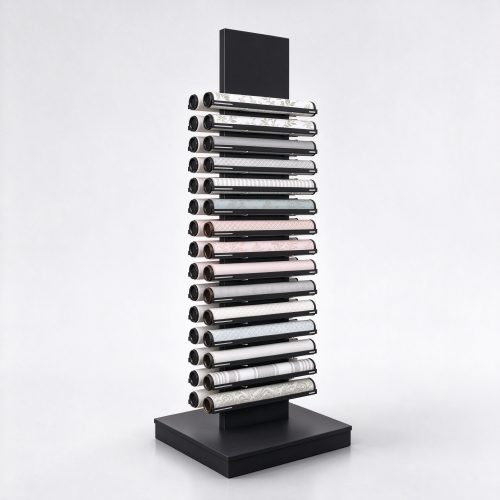 Floor-standing wallpaper roll display tower with 15 cantilever arms, left 45 degree view