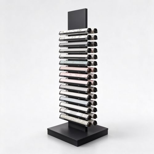 Floor-standing wallpaper roll display tower with 15 cantilever arms, right 45 degree view