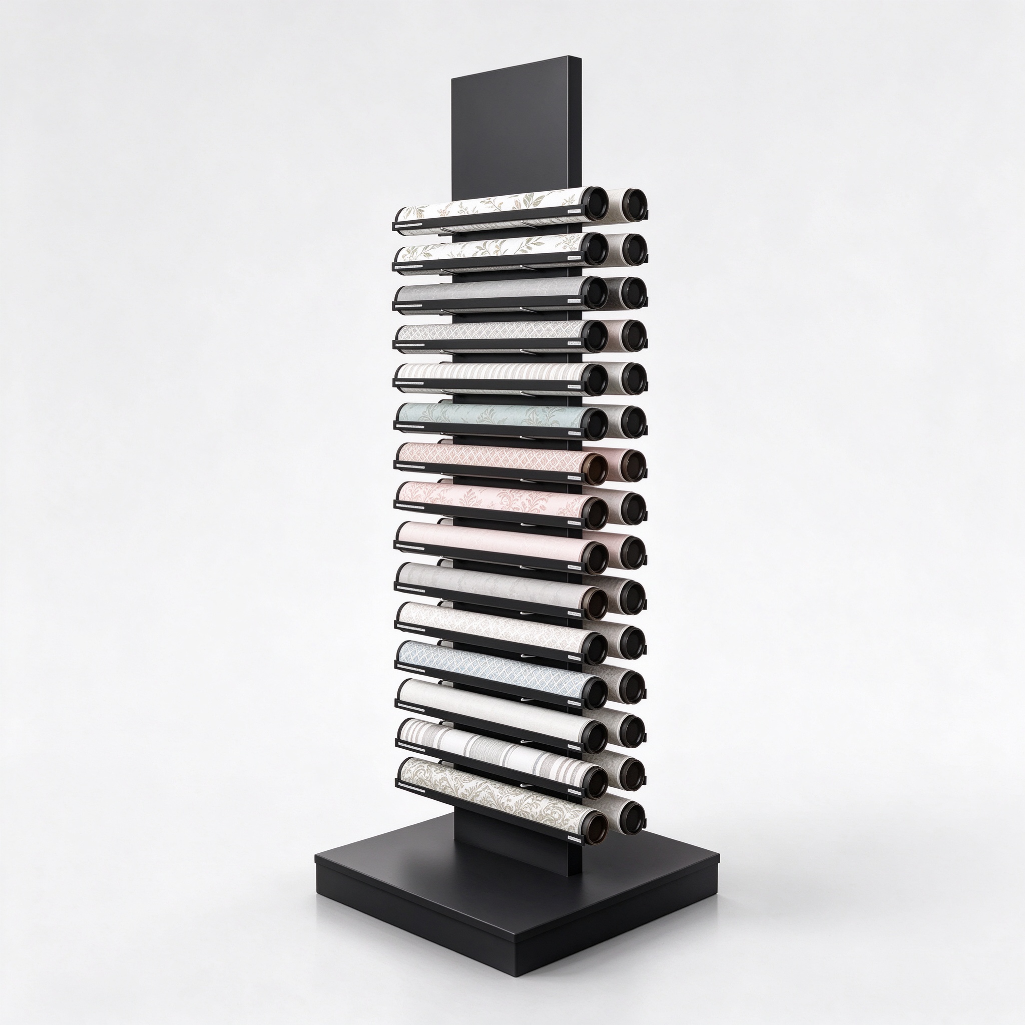 Floor-standing wallpaper roll display tower with 15 cantilever arms, right 45 degree view