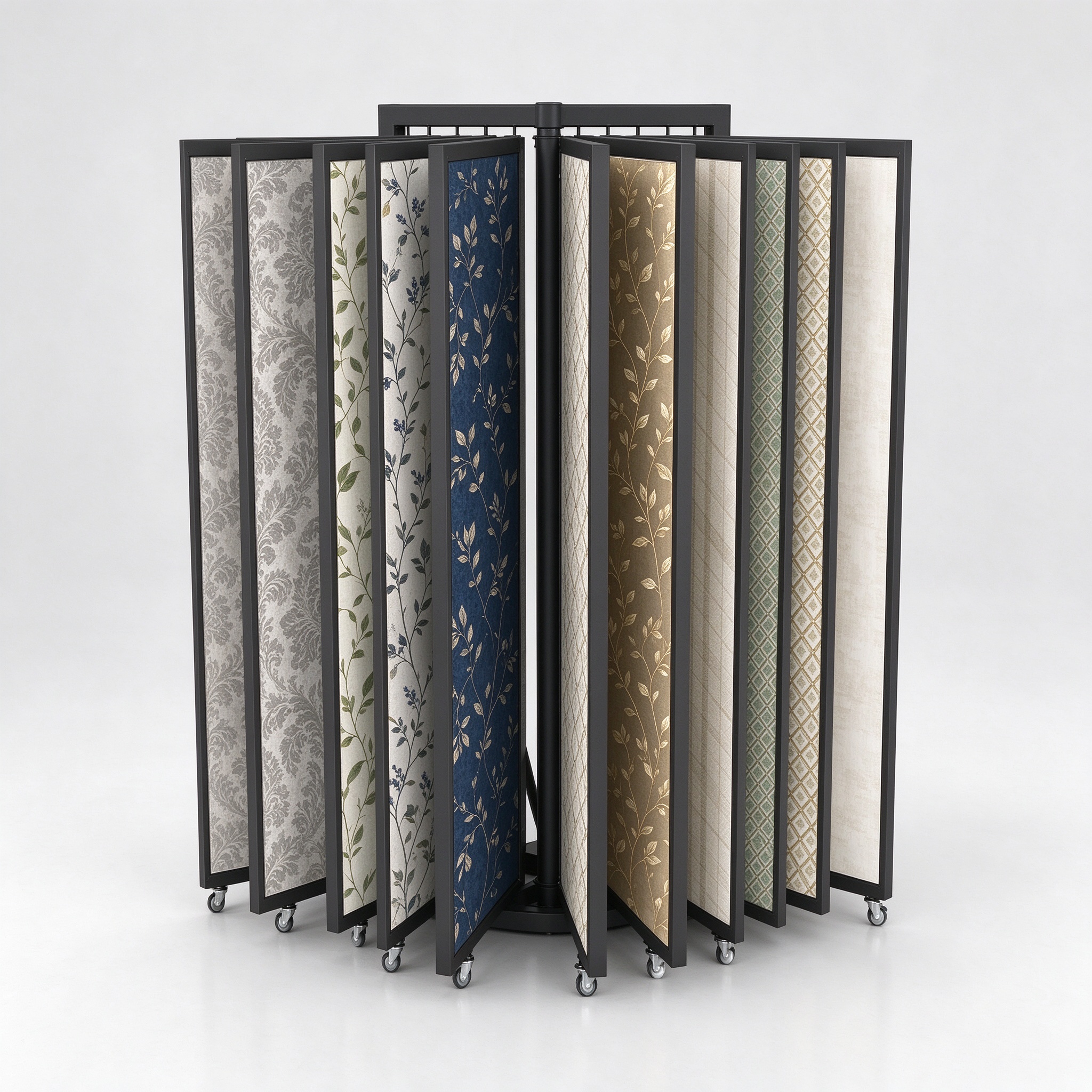 Rotating turning-wing wallpaper display rack with fan panels, right 45 degree view