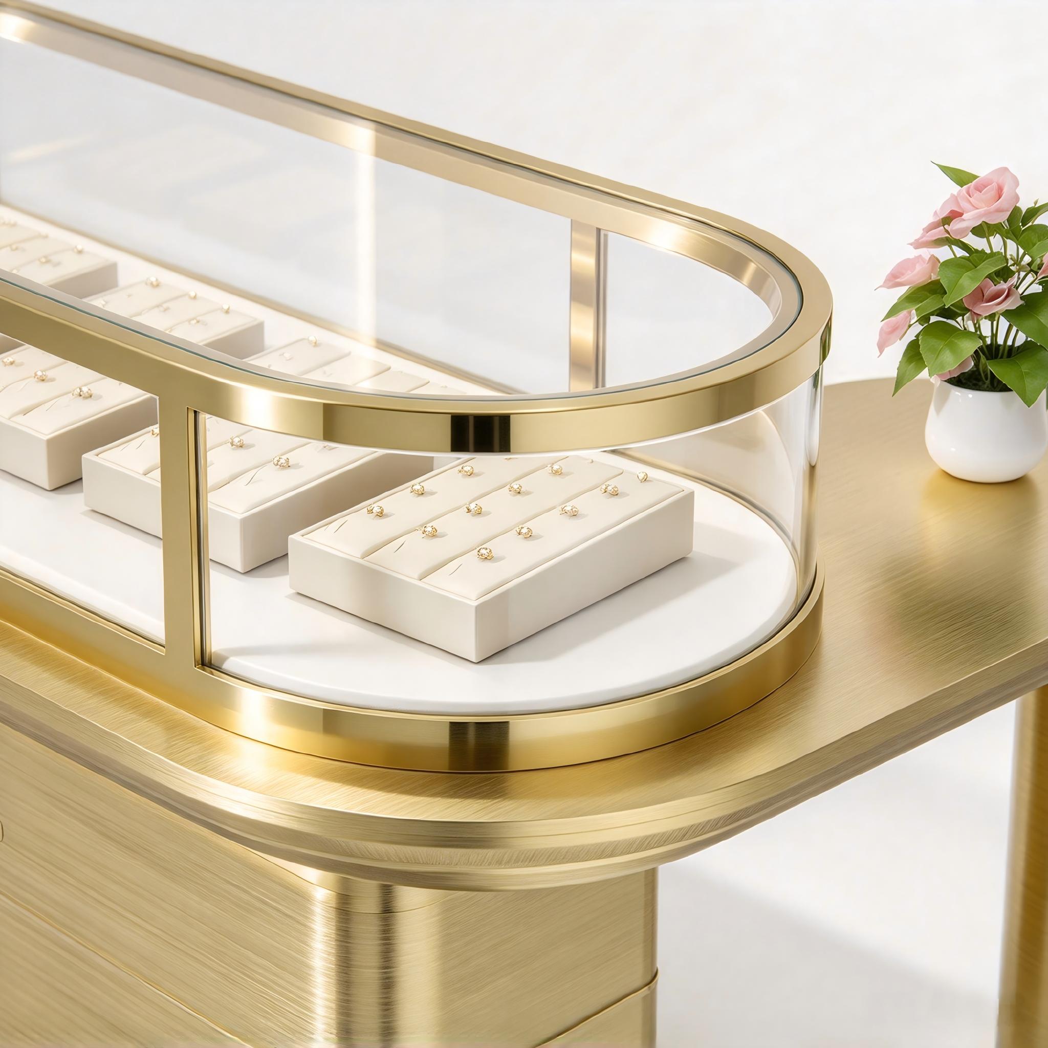 Curved Gold Stainless Steel Jewelry Display Counter | Luxury Glass Jewelry Showcase - Image 3