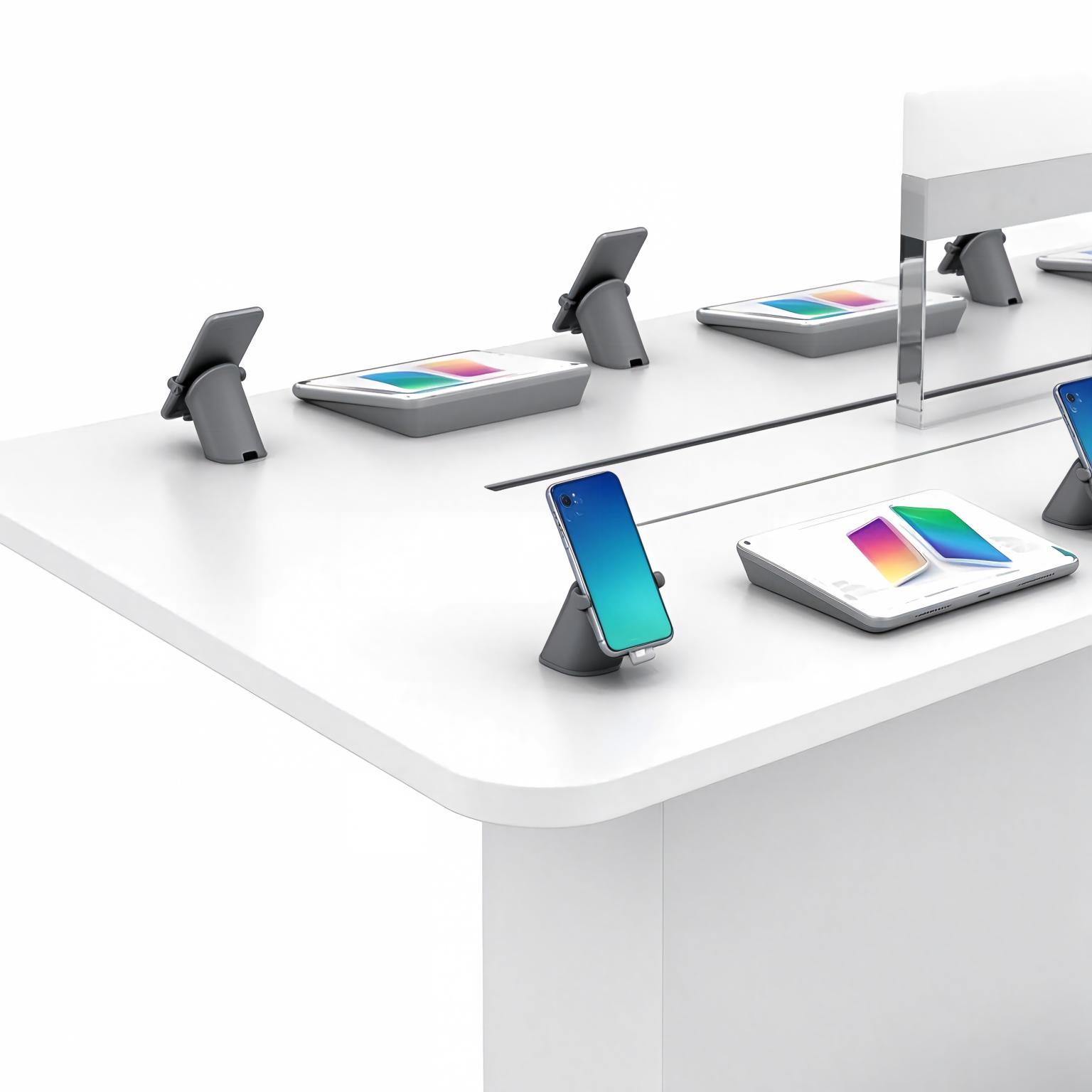 White Electronics Demo Display Table with Custom Phone and Tablet Holders - Image 3