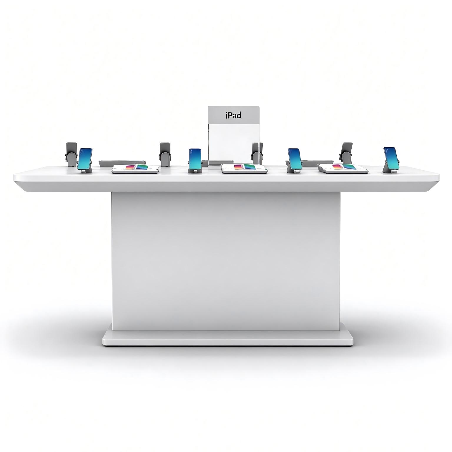 White Electronics Demo Display Table with Custom Phone and Tablet Holders - Image 4